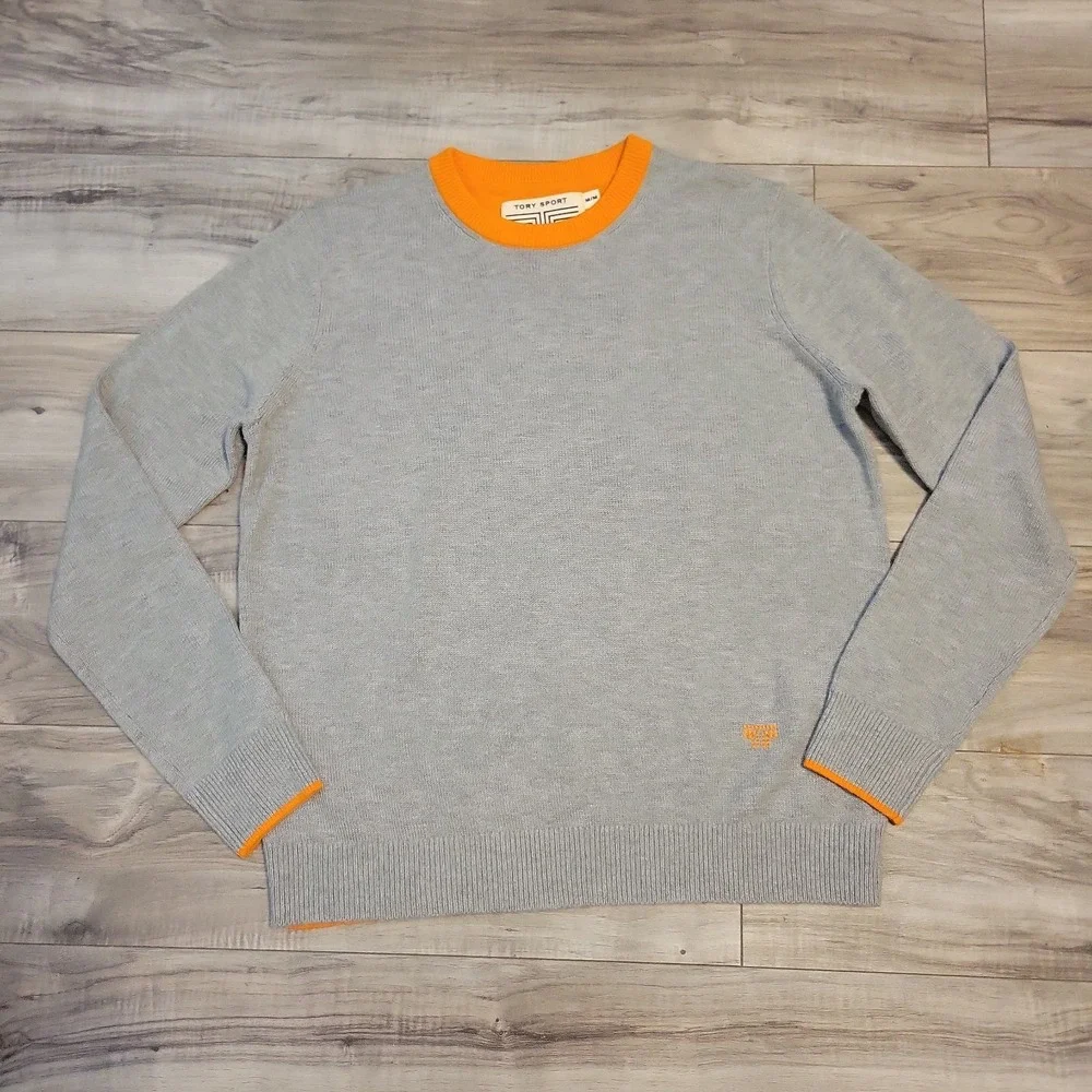 Tory Burch Sport Cashmere Blend Sweater Womens Medium Gray Orange Crewneck